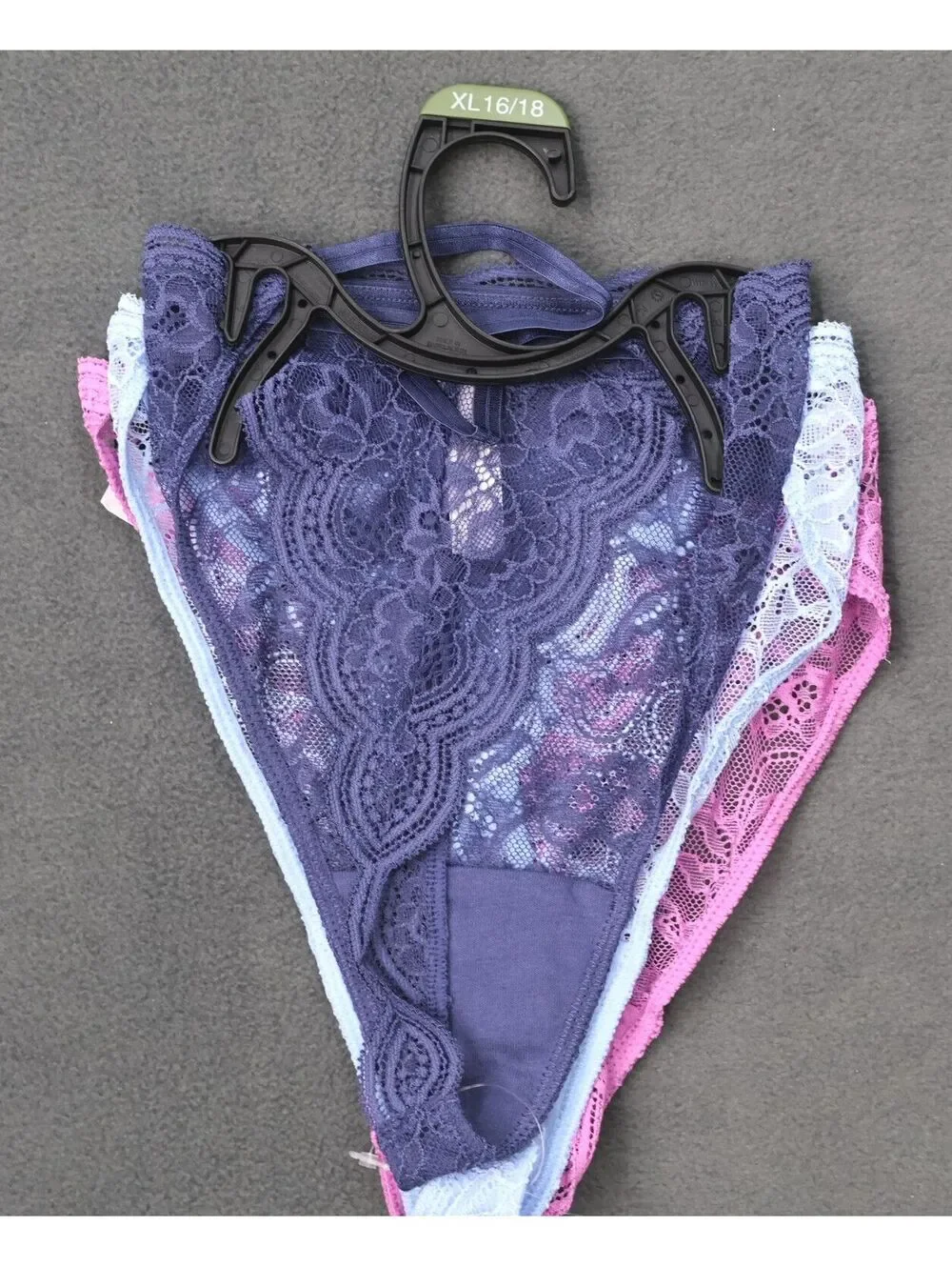 Joyspun 3-Pack Womens Lace String Thong Panties XL 16/18 Orchid Blue Dark Iris